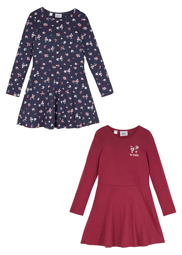 Vestido de punto para niñas (2 unidades) Azul marino+rojo rododendro de flores